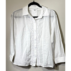 CAbi Women's Medium White Collared Cotton Lace Detail Long Sleeve ButtonUp Shirt